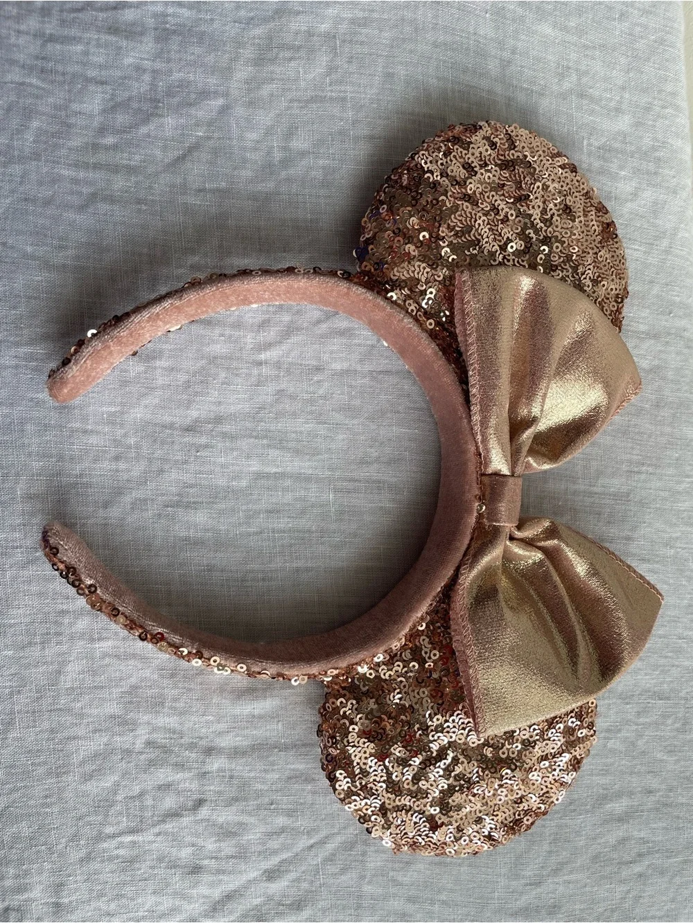 Disney Rose Gold Sequin Minnie Headband with Metallic Bow